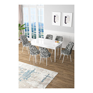 Zen Serisi Beyaz Masa Mdf 80x132 Açılabilir Mutfak Masası Takımı, 6 Sandalye Zebra