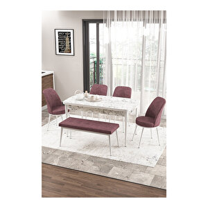Zen Serisi Beyaz Mermer Desen Mdf 80x132 Açılabilir Mutfak Masası Takımı, 4 Sandalye 1 Pera Bench Gül Kurusu