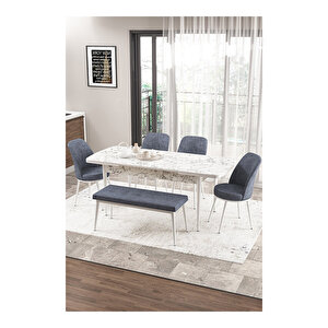 Zen Serisi Beyaz Mermer Desen Mdf 80x132 Açılabilir Mutfak Masası Takımı, 4 Sandalye 1 Pera Bench Füme