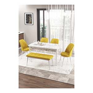 Zen Serisi Beyaz Mermer Desen Mdf 80x132 Açılabilir Mutfak Masası Takımı, 4 Sandalye 1 Pera Bench Hardal