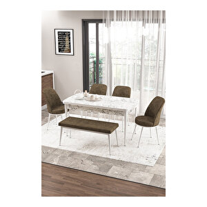 Zen Serisi Beyaz Mermer Desen Mdf 80x132 Açılabilir Mutfak Masası Takımı, 4 Sandalye 1 Pera Bench