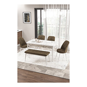 Zen Serisi Beyaz Mermer Desen Mdf 80x132 Açılabilir Mutfak Masası Takımı, 4 Sandalye 1 Pera Bench Kahverengi