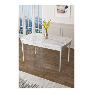 Zen Serisi Beyaz Mermer Desen Mdf 80x132 Açılabilir Mutfak Masası Takımı, 4 Sandalye 1 Pera Bench