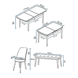 Zen Serisi Beyaz Mermer Desen Mdf 80x132 Açılabilir Mutfak Masası Takımı, 4 Sandalye 1 Pera Bench