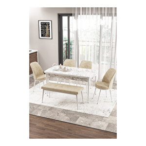 Zen Serisi Beyaz Mermer Desen Mdf 80x132 Açılabilir Mutfak Masası Takımı, 4 Sandalye 1 Pera Bench Krem