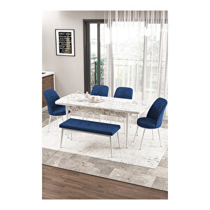 Zen Serisi Beyaz Mermer Desen Mdf 80x132 Açılabilir Mutfak Masası Takımı, 4 Sandalye 1 Pera Bench Lacivert