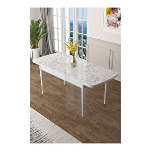 Zen Serisi Beyaz Mermer Desen Mdf 80x132 Açılabilir Mutfak Masası Takımı, 4 Sandalye 1 Pera Bench Lacivert