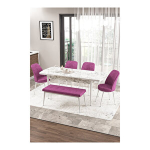 Zen Serisi Beyaz Mermer Desen Mdf 80x132 Açılabilir Mutfak Masası Takımı, 4 Sandalye 1 Pera Bench Mor