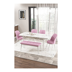 Zen Serisi Beyaz Mermer Desen Mdf 80x132 Açılabilir Mutfak Masası Takımı, 4 Sandalye 1 Pera Bench Pembe