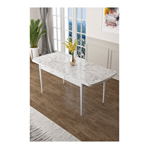 Zen Serisi Beyaz Mermer Desen Mdf 80x132 Açılabilir Mutfak Masası Takımı, 4 Sandalye 1 Pera Bench Siyah