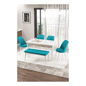 Zen Serisi Beyaz Mermer Desen Mdf 80x132 Açılabilir Mutfak Masası Takımı, 4 Sandalye 1 Pera Bench Turkuaz