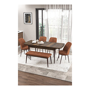 Zen Serisi Barok Ahşap Desen Mdf 80x132 Açılabilir Mutfak Masası Takımı, 4 Sandalye 1 Pera Bench Kiremit