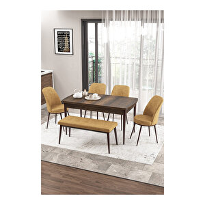 Zen Serisi Barok Ahşap Desen Mdf 80x132 Açılabilir Mutfak Masası Takımı, 4 Sandalye 1 Pera Bench Cappucino