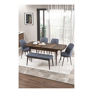 Zen Serisi Barok Ahşap Desen Mdf 80x132 Açılabilir Mutfak Masası Takımı, 4 Sandalye 1 Pera Bench Füme
