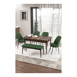 Zen Serisi Barok Ahşap Desen Mdf 80x132 Açılabilir Mutfak Masası Takımı, 4 Sandalye 1 Pera Bench Su Yeşili