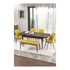 Zen Serisi Barok Ahşap Desen Mdf 80x132 Açılabilir Mutfak Masası Takımı, 4 Sandalye 1 Pera Bench Hardal