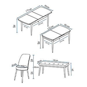 Zen Serisi Barok Ahşap Desen Mdf 80x132 Açılabilir Mutfak Masası Takımı, 4 Sandalye 1 Pera Bench