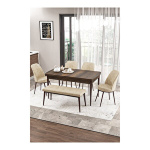 Zen Serisi Barok Ahşap Desen Mdf 80x132 Açılabilir Mutfak Masası Takımı, 4 Sandalye 1 Pera Bench Krem