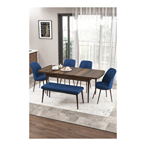Zen Serisi Barok Ahşap Desen Mdf 80x132 Açılabilir Mutfak Masası Takımı, 4 Sandalye 1 Pera Bench Lacivert