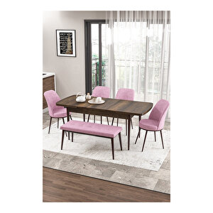 Zen Serisi Barok Ahşap Desen Mdf 80x132 Açılabilir Mutfak Masası Takımı, 4 Sandalye 1 Pera Bench Pembe