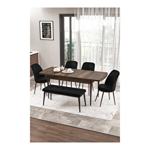 Zen Serisi Barok Ahşap Desen Mdf 80x132 Açılabilir Mutfak Masası Takımı, 4 Sandalye 1 Pera Bench Siyah