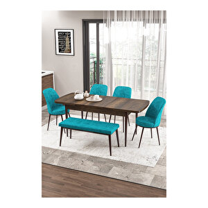 Zen Serisi Barok Ahşap Desen Mdf 80x132 Açılabilir Mutfak Masası Takımı, 4 Sandalye 1 Pera Bench Turkuaz