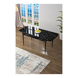 Zen Serisi Siyah Mermer Desen Mdf 80x132 Açılabilir Mutfak Masası Takımı, 4 Sandalye 1 Pera Bench Gül Kurusu