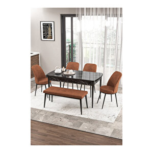 Zen Serisi Siyah Mermer Desen Mdf 80x132 Açılabilir Mutfak Masası Takımı, 4 Sandalye 1 Pera Bench Kiremit