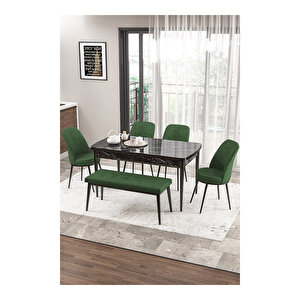 Zen Serisi Siyah Mermer Desen Mdf 80x132 Açılabilir Mutfak Masası Takımı, 4 Sandalye 1 Pera Bench Su Yeşili