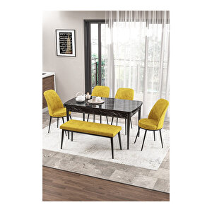 Zen Serisi Siyah Mermer Desen Mdf 80x132 Açılabilir Mutfak Masası Takımı, 4 Sandalye 1 Pera Bench Hardal