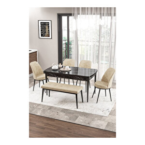 Zen Serisi Siyah Mermer Desen Mdf 80x132 Açılabilir Mutfak Masası Takımı, 4 Sandalye 1 Pera Bench Krem