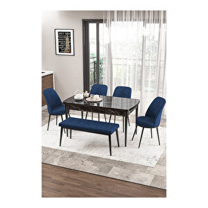 Zen Serisi Siyah Mermer Desen Mdf 80x132 Açılabilir Mutfak Masası Takımı, 4 Sandalye 1 Pera Bench Lacivert