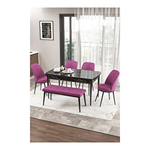 Zen Serisi Siyah Mermer Desen Mdf 80x132 Açılabilir Mutfak Masası Takımı, 4 Sandalye 1 Pera Bench Mor