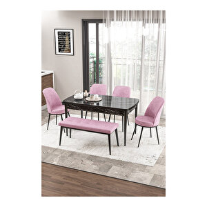 Zen Serisi Siyah Mermer Desen Mdf 80x132 Açılabilir Mutfak Masası Takımı, 4 Sandalye 1 Pera Bench Pembe