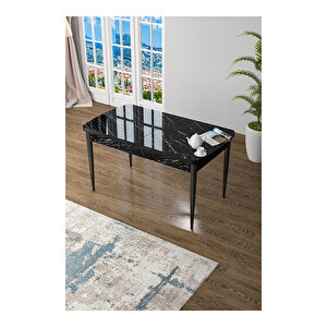 Zen Serisi Siyah Mermer Desen Mdf 80x132 Açılabilir Mutfak Masası Takımı, 4 Sandalye 1 Pera Bench Siyah