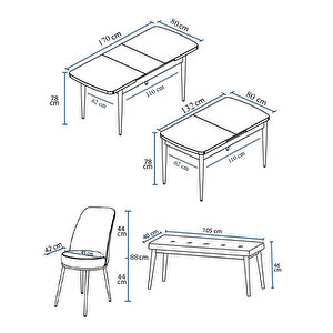 Zen Serisi Siyah Mermer Desen Mdf 80x132 Açılabilir Mutfak Masası Takımı, 4 Sandalye 1 Pera Bench