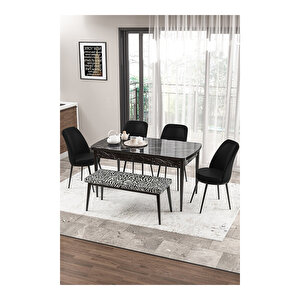 Zen Serisi Siyah Mermer Desen Mdf 80x132 Açılabilir Mutfak Masası Takımı, 4 Sandalye 1 Zebra Bench Siyah
