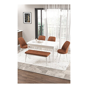 Zen Serisi Beyaz Masa Mdf 80x132 Açılabilir Mutfak Masası Takımı, 4 Sandalye 1 Pera Bench Kiremit