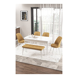 Zen Serisi Beyaz Masa Mdf 80x132 Açılabilir Mutfak Masası Takımı, 4 Sandalye 1 Pera Bench Cappucino