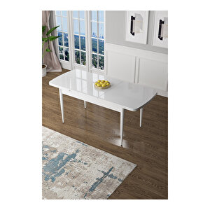 Zen Serisi Beyaz Masa Mdf 80x132 Açılabilir Mutfak Masası Takımı, 4 Sandalye 1 Pera Bench Hardal