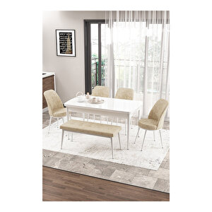 Zen Serisi Beyaz Masa Mdf 80x132 Açılabilir Mutfak Masası Takımı, 4 Sandalye 1 Pera Bench Krem