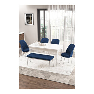 Zen Serisi Beyaz Masa Mdf 80x132 Açılabilir Mutfak Masası Takımı, 4 Sandalye 1 Pera Bench Lacivert