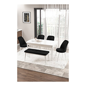 Zen Serisi Beyaz Masa Mdf 80x132 Açılabilir Mutfak Masası Takımı, 4 Sandalye 1 Pera Bench Siyah