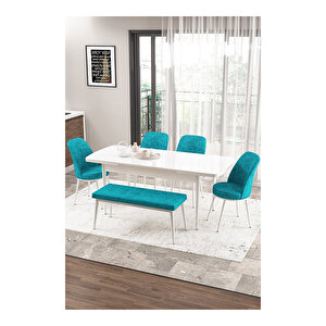 Zen Serisi Beyaz Masa Mdf 80x132 Açılabilir Mutfak Masası Takımı, 4 Sandalye 1 Pera Bench Turkuaz