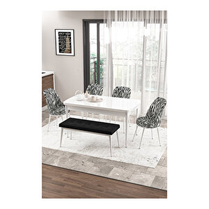 Zen Serisi Beyaz Masa Mdf 80x132 Açılabilir Mutfak Masası Takımı, 4 Zebra Desen Sandalye 1 Siyah Bench