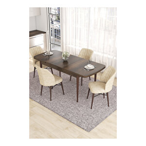Eva Serisi, 80x132 Açılabilir Mdf Barok Ahşap Desen Mutfak Masası Ve 4 Sandalye Krem