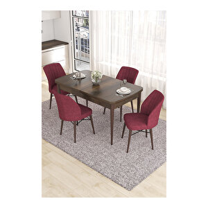 Eva Serisi, 80x132 Açılabilir Mdf Barok Ahşap Desen Mutfak Masası Ve 4 Sandalye Bordo