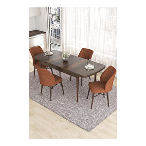 Eva Serisi, 80x132 Açılabilir Mdf Barok Ahşap Desen Mutfak Masası Ve 4 Sandalye Kiremit