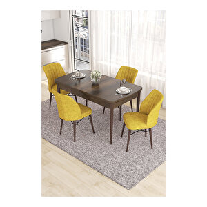 Eva Serisi, 80x132 Açılabilir Mdf Barok Ahşap Desen Mutfak Masası Ve 4 Sandalye Hardal