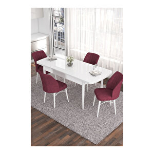 Eva Serisi, 80x132 Açılabilir Mdf Beyaz Masa,mutfak Masası Ve 4 Sandalye Bordo